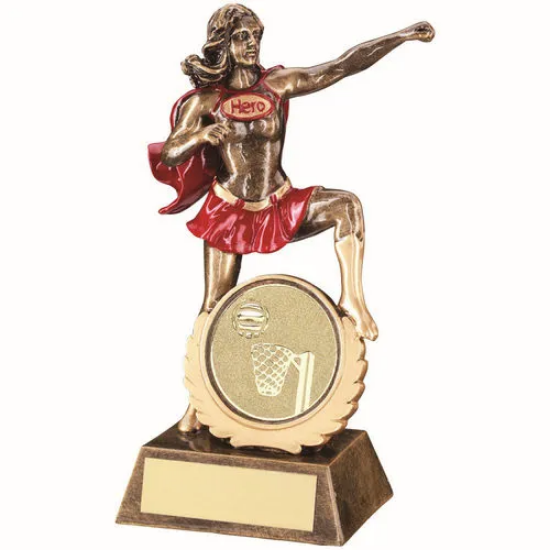 BRZ/GOLD/RED RESIN FEMALE HERO AWARD WITH NETBALL INSERT - 7.5in