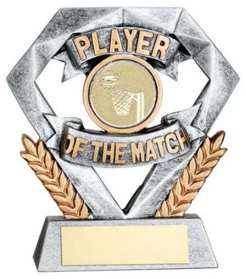 PEW/GOLD PLAYER OF THE MATCH MINI DIAMOND WITH NETBALL INSERT & PLATE - 4in