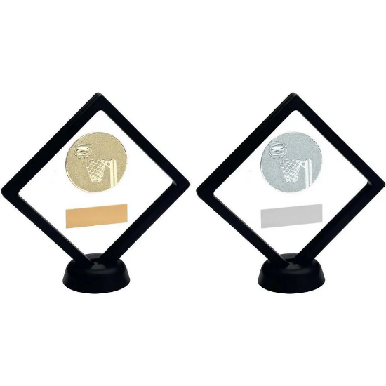 BLACK/CLEAR PLASTIC BOX WITH NETBALL INSERT TROPHY SILVER