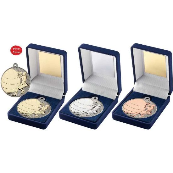 VELVET BOX AND 50mm NETBALL MEDAL TROPHY MATT SILVER/SILVER