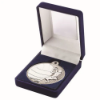 BLUE VELVET BOX AND 50mm NETBALL MEDAL TROPHY MATT SILVER/SILVER - 3.5in