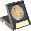 BLACK PLASTIC BOX WITH NETBALL INSERT TROPHY GOLD - 3.5in