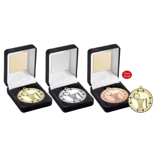 BLACK VELVET MEDAL BOX AND 50mm MEDAL NETBALL TROPHY SILVER