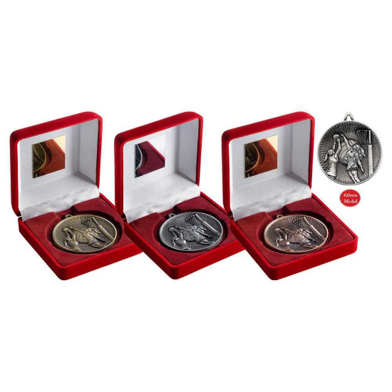 VELVET BOX AND 60mm MEDAL NETBALL TROPHY BRONZE
