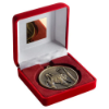 RED VELVET BOX AND 60mm MEDAL NETBALL TROPHY ANTIQUE GOLD - 4in