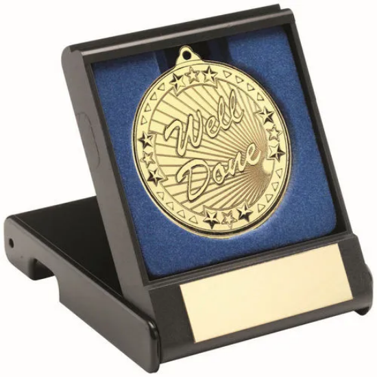 BLACK PLASTIC BOX WITH 50mm GOLD WELL DONE MEDAL TROPHY - 3.5in