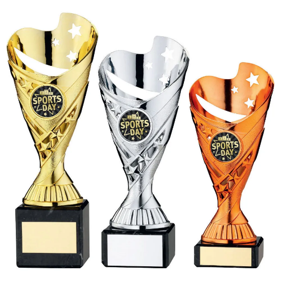 SILVER PLASTIC CUP ON BLACK MARBLE WITH SPORTS DAY VINYL INSERT TROPHY