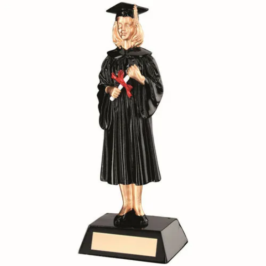 BLK/GOLD RESIN FEMALE GRADUATE FIGURE WITH PLATE - 9.25in