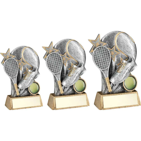 PEW/GOLD TENNIS BALL WITH RACKET ON BRZ BASE WITH PLATE (1in CEN)