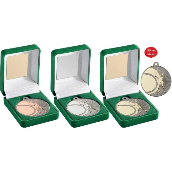 GREEN VELVET BOX AND 50mm TENNIS MEDAL TROPHY MATT SILVER/SILVER