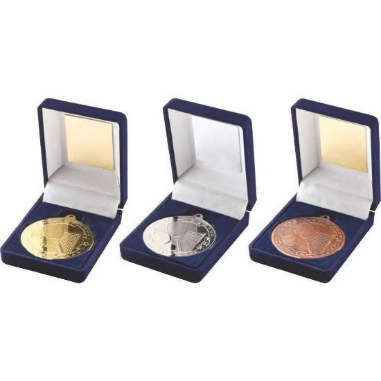 VELVET BOX AND 50mm MEDAL TENNIS TROPHY SILVER