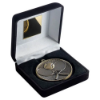 BLACK VELVET BOX AND 60mm MEDAL TENNIS TROPHY ANTIQUE GOLD - 4in
