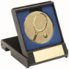 BLACK PLASTIC BOX WITH TENNIS INSERT TROPHY GOLD - 3.5in