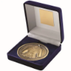 BLUE VELVET BOX AND 70mm MEDALLION MARTIAL ARTS TROPHY ANTIQUE GOLD - 4in