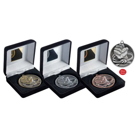 BLACK VELVET BOX AND 60mm MEDAL MARTIAL ARTS TROPHY BRONZE