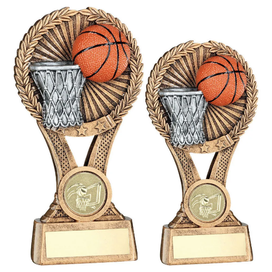 BRZ/GOLD/PEW BASKETBALL ROUND WREATH ON V RISER WITH PLATE (1in CEN)