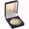 BLUE VELVET BOX AND 50mm BASKETBALL MEDAL TROPHY MATT SILVER/GOLD - 3.5in
