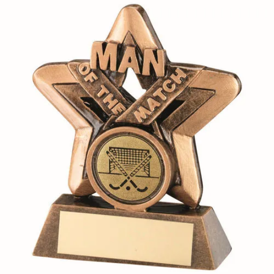 BRZ/GOLD MAN OF THE MATCH MINI STAR WITH HOCKEY INSERT AND PLATE - 3.75in