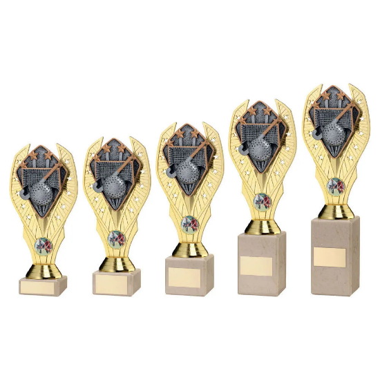 GOLD PLASTIC HOLDER + HOCKEY DISC ON CREAM MARBLE TROPHY (1in CEN)