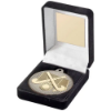 BLACK VELVET BOX AND 50mm HOCKEY MEDAL TROPHY MATT SILVER/GOLD - 3.5in