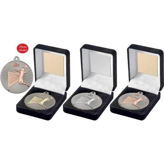 BLACK VELVET BOX AND 50mm BADMINTON MEDAL TROPHY MATT SILVER/SILVER