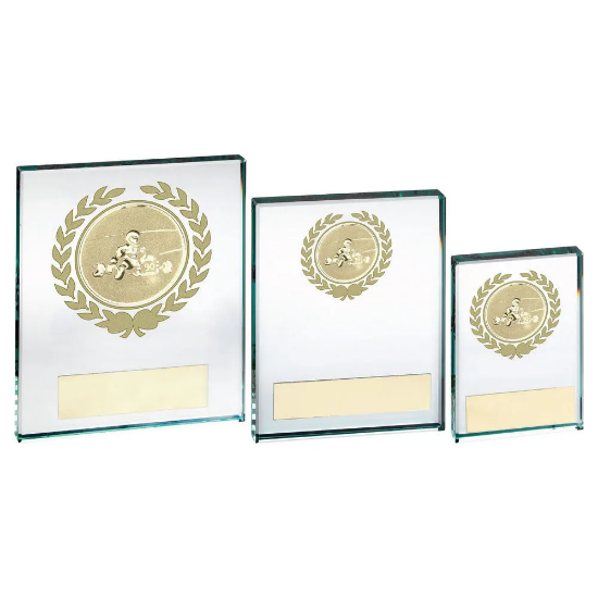 JADE/GOLD GLASS BLOCK WITH GO KART INSERT AND PLATE