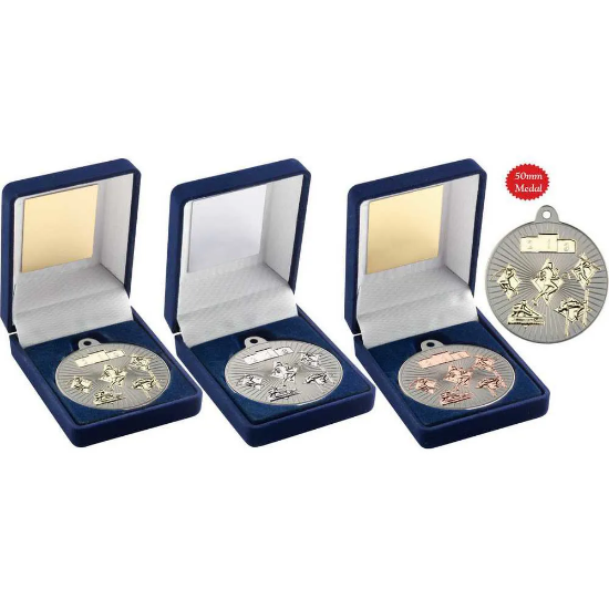 VELVET BOX AND 50mm MULTI ATHLETICS MEDAL TROPHY MATT SILVER/SILVER