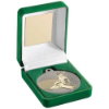 GREEN VELVET BOX AND 50mm TABLE TENNIS MEDAL TROPHY MATT SILVER/GOLD - 3.5in