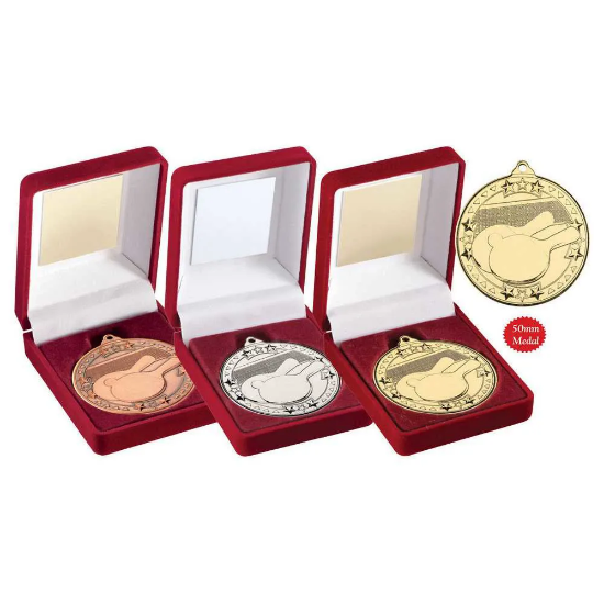 VELVET BOX AND 50mm MEDAL TABLE TENNIS TROPHY SILVER