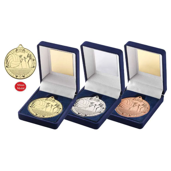 VELVET BOX AND 50mm MEDAL VOLLEYBALL TROPHY SILVER