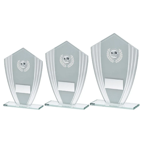 WHITE/SILVER GLASS SHIELD PLAQUE WITH VOLLEYBALL INSERT & PLATE