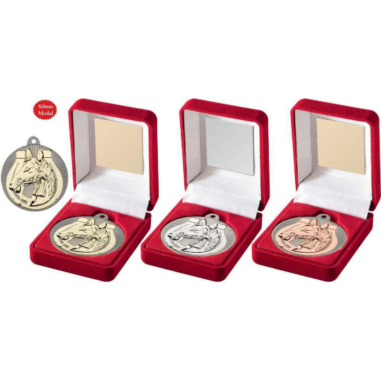 VELVET BOX AND 50mm HORSE MEDAL TROPHY MATT SILVER/SILVER
