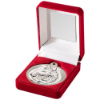 RED VELVET BOX AND 50mm HORSE MEDAL TROPHY MATT SILVER/SILVER - 3.5in