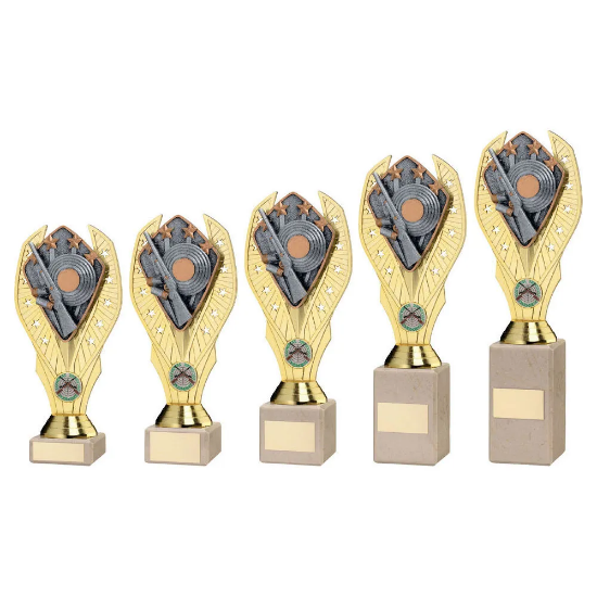 GOLD PLASTIC HOLDER + SHOOTING DISC ON CREAM MARBLE TROPHY (1in CEN)