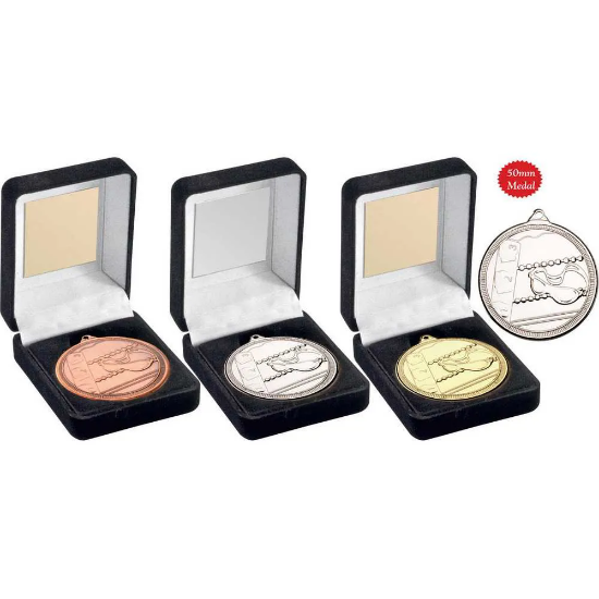 BLACK VELVET BOX AND 50mm SWIMMING MEDAL TROPHY SILVER