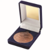 BLUE VELVET BOX AND 50mm MEDAL SWIMMING TROPHY BRONZE - 3.5in