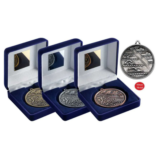 VELVET BOX AND 60mm MEDAL SWIMMING TROPHY BRONZE