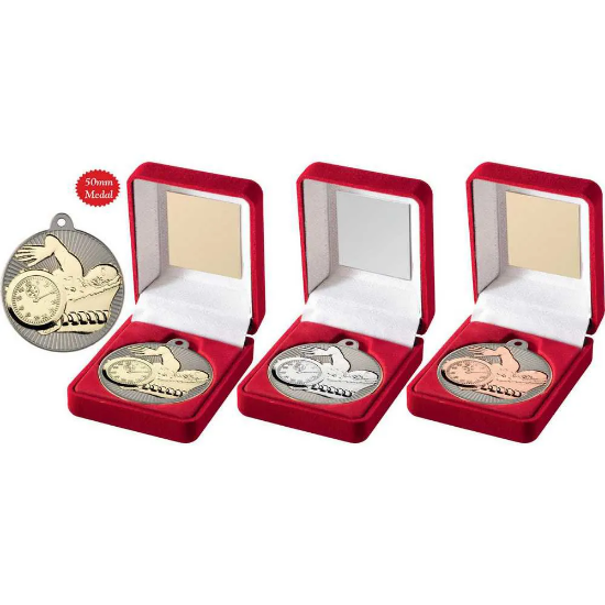 VELVET BOX AND 50mm SWIMMING MEDAL TROPHY MATT SILVER/SILVER