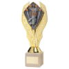 GOLD PLASTIC HOLDER+VICTORY TORCH DISC ON CREAM MARBLE TROPHY (1in CEN) - 9in