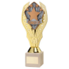 GOLD PLASTIC HOLDER + RUNNER UP DISC ON CREAM MARBLE TROPHY (1in CEN) - 11in