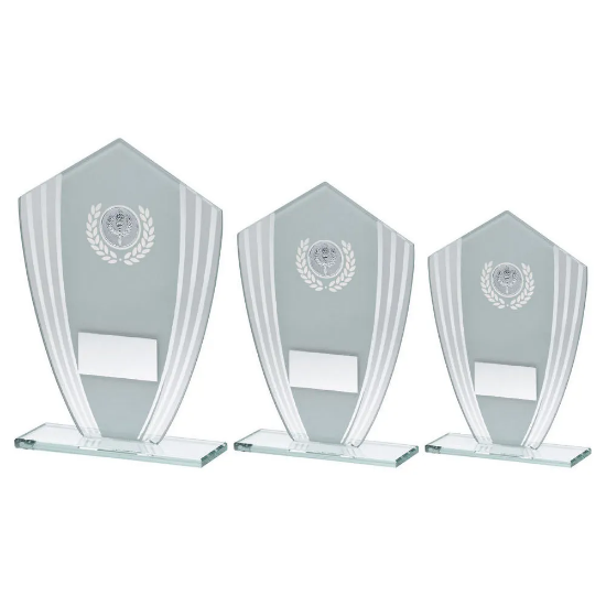 WHITE/SILVER GLASS SHIELD PLAQUE WITH PLATE (1in CEN)