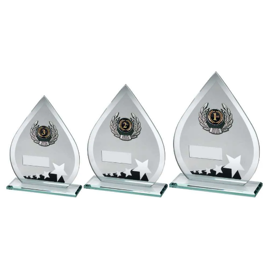 JADE/BLK/SILV GLASS TEARDROP PLAQUE WITH SILV/BLK TRIM TROPHY (1in CEN)