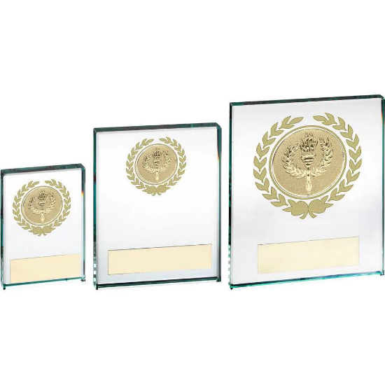 JADE GLASS BLOCK WITH GOLD WREATH 12mm THICK WITH PLATE (2in CENTRE)