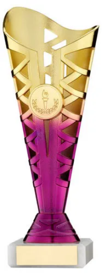 GOLD/PURPLE PLASTIC TITAN CUP ASSEMBLED ON MARBLE (1in CEN) - 8.75in