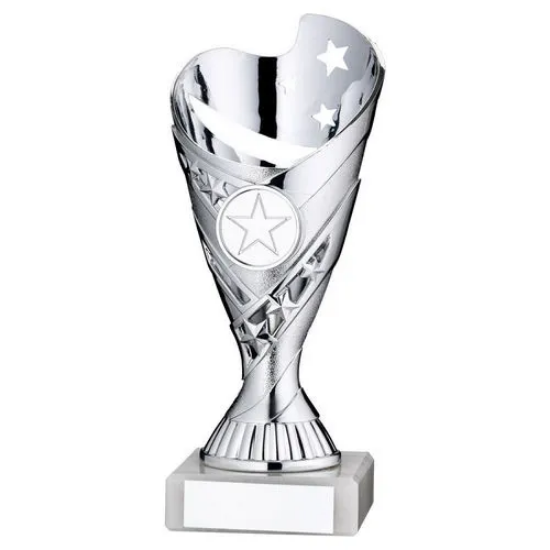 SILVER PLASTIC SABRE CUP ASSEMBLED ON MARBLE  (1in CEN) - 7in