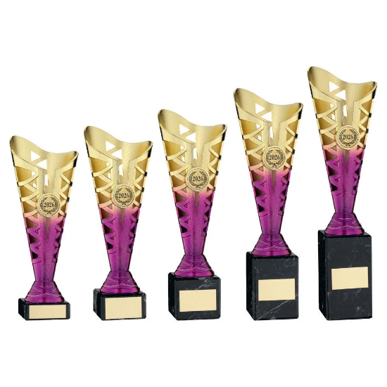 GOLD/PURPLE PLASTIC TITAN CUP ON BLK MARBLE ASSEMBLED TROPHY (1in CEN)