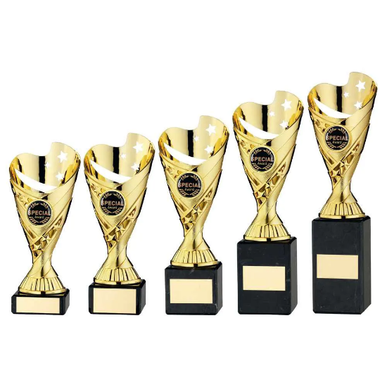 GOLD PLASTIC SABRE CUP ON BLACK MARBLE ASSEMBLED TROPHY (1" CEN)