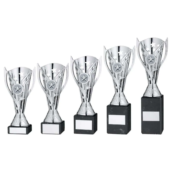 SILVER PLASTIC FLASH CUP ON BLACK MARBLE ASSEMBLED TROPHY (1" CEN)