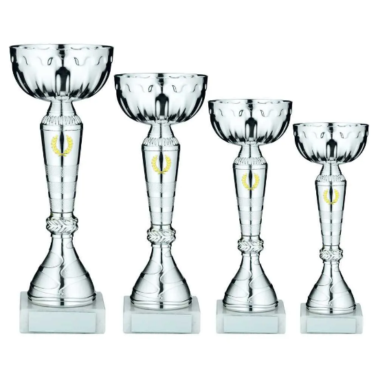 SILVER TROPHY CUP WITH GOLD WREATH AND PLATE