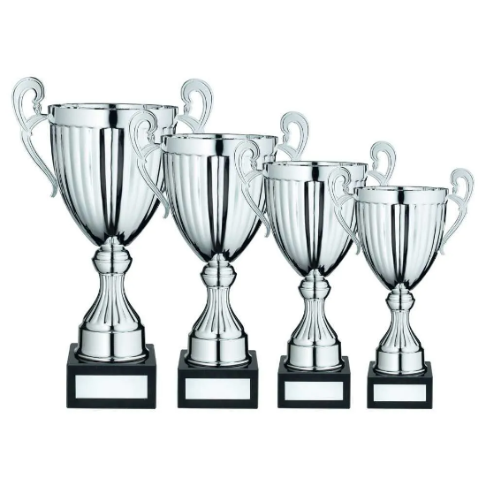 SILVER CONICAL TROPHY CUP WITH HANDLES AND PLATE